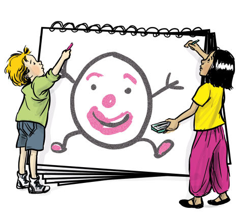 Mädchen und Junge die ein Strichmännchen zeichnen